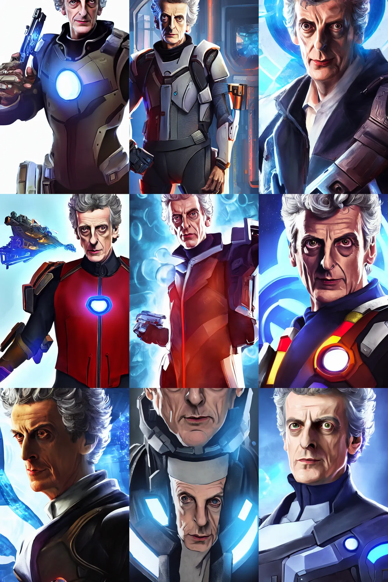 Prompt: peter capaldi as an overwatch hero, tank class, character art, cinematic, portrait closeup