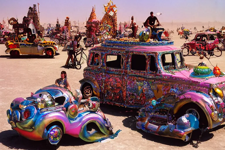 Prompt: creative fanciful Art Cars of BurningMan on the Playa, Kodachrome, photorealistic, detailed with colorful people,