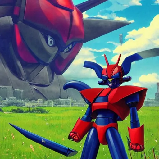 Prompt: mazinger z mecha in a pasture watching ninja turtles on a television, looking at the sky, psychedelic, highly detailed upper body, professionally post - processed, beautiful, symmetry accurate features, epic, octane rendered, anime masterpiece, ilya kuvshinov, krenz cushart, epic, unreal engine 5, lumen, nanite