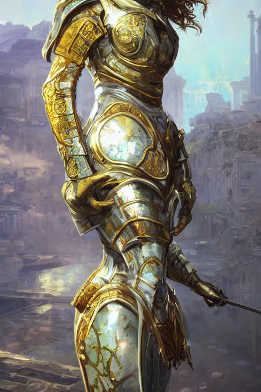 Image similar to portrait knights of Zodiac girl, metalic green and white reflected armor, in ruined Agora of Athens sunrise, ssci-fi, fantasy, intricate, very very beautiful, elegant, golden light, highly detailed, digital painting, artstation, concept art, smooth, sharp focus, illustration, art by tian zi and WLOP and alphonse mucha