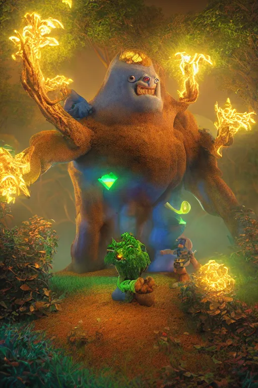 Image similar to arcane fantasy art giant golem elemental wood rock bastion forged gemstone enchanted forest troll, global illumination ray tracing hdr fanart arstation by sung choi and eric pfeiffer and gabriel garza and casper konefal lisa frank zbrush central hardmesh radiating a glowing aura