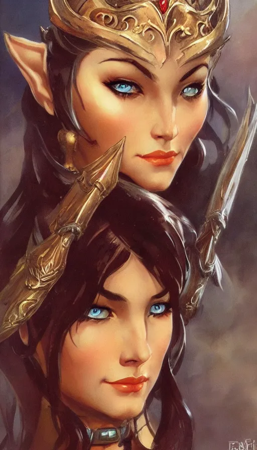 Image similar to elven princess character portrait by frank frazetta, fantasy, dungeons & dragons, sharp focus, beautiful, artstation contest winner, detailed