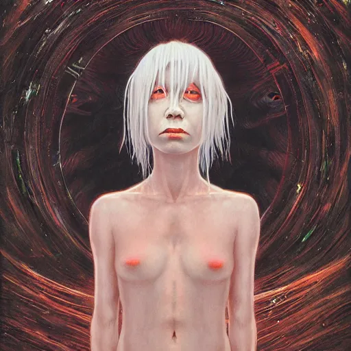 Prompt: portrait of small, rubbery, huge-eyed, big-lipped albino mutant priestess with elaborate white hair by Anato Finnstark, Beksinski, and Studio Ghibli