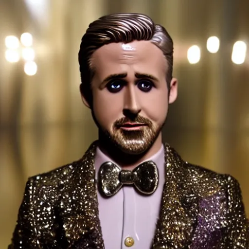 Image similar to Ryan Gosling with silver-violet hair, white eyes and golden glittery dress, wide lens, diorama, 4k,