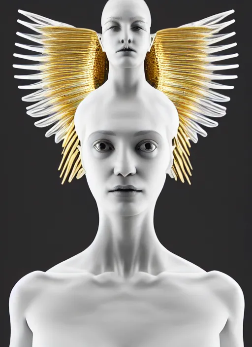 Image similar to a statue made of white marble with gold veins, of an beautiful gorgeous futuristic cybernetic angel girl, prostheses, transhumanism, full body shot, perfect symmetrical body, perfect symmetrical face, hyper realistic, hyper detailed, by johannen voss, by peter kemp, by monia merlo, by michelangelo, octane render, blender, 8 k