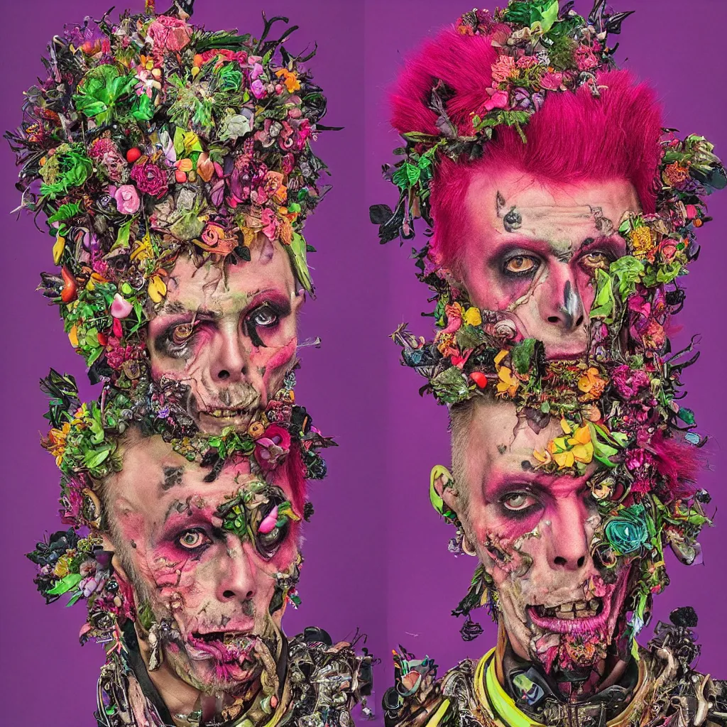 Prompt: a portrait of a zombie punk dude, magenta mohawk, head made out of fruit and flowers, crystals and glitter, David Bowie, Baroque, art by Arcimboldo, art by Fragonard, psychedelic, neon pink background