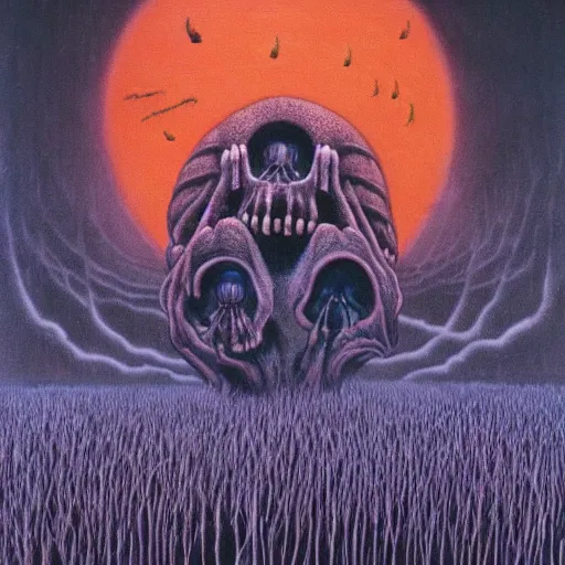 Image similar to skull valley, junji ito, zdzisław beksinski, hr giger, creepy, magic fireflies, mystical creepy