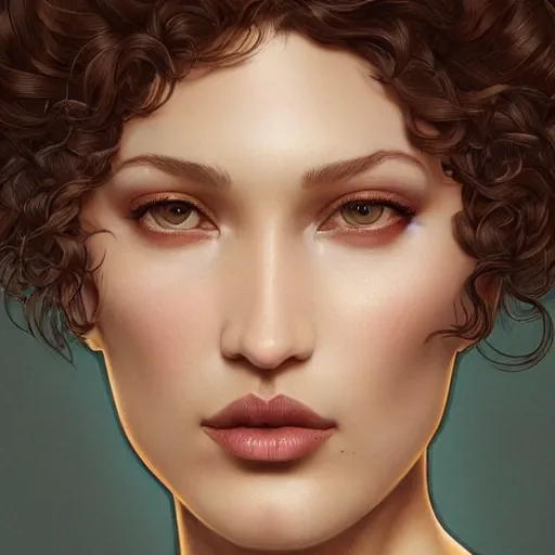 Prompt: ultra realistic illustration, bella hadid wearing a curly english mustache, intricate, elegant, highly detailed, digital painting, artstation, concept art, smooth, sharp focus, illustration, art by artgerm and greg rutkowski and alphonse mucha