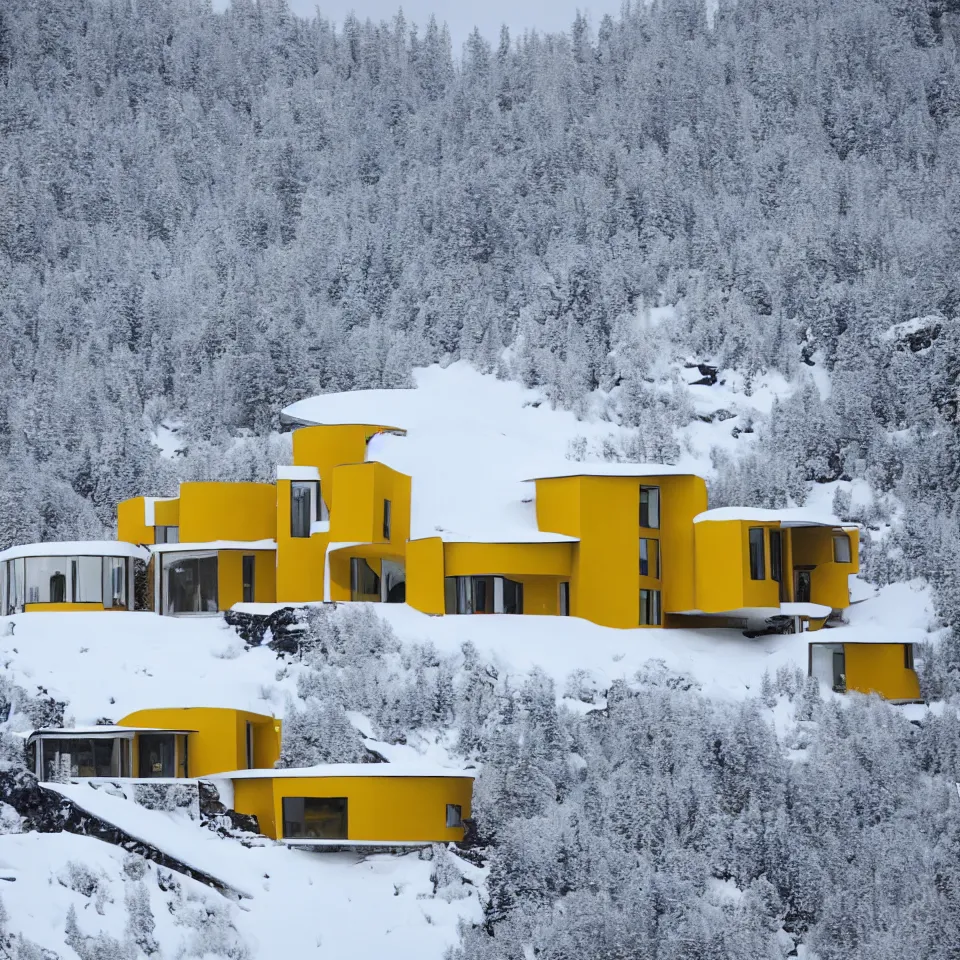 Image similar to a mid-century modern house on top of a cliff in the arctic, covered with snow, designed by Frank Gehry, with a long pathway toward it. Big tiles. Film grain, cinematic, yellow hue