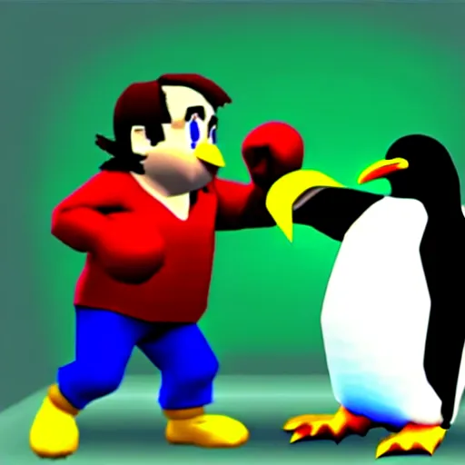 Image similar to danny devito punching a penguin, nintendo 6 4 screenshot, low poly, aliased