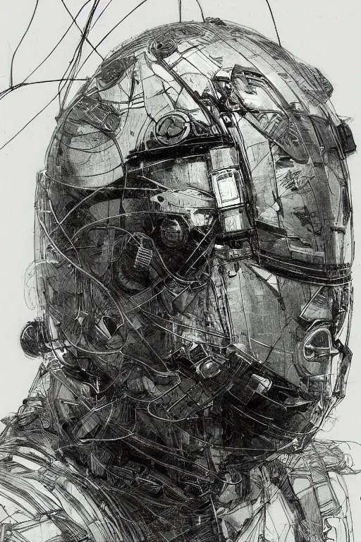 Image similar to portrait of a futuristic masked man with cybernetics and wires on the helmet, pen and ink, intricate line drawings, by craig mullins, ruan jia, kentaro miura, greg rutkowski