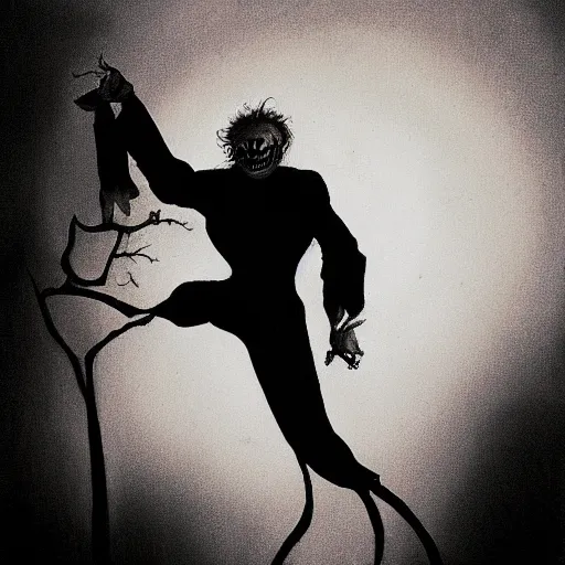 Image similar to Silhouette of a scary clown by Gerald Brom, film grain