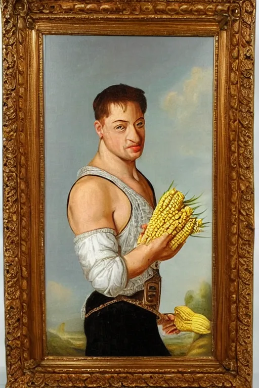 Image similar to a 1 6 0 0 s framed portrait painting of brendan fraser holding corn, intricate, elegant, highly detailed