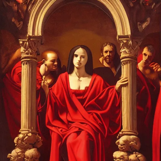 Image similar to the goddess of blood in silk robes of blood, cultists watching, red hoods, candle lights, renaissance, baroque, gothic, high detail, dark lighting, atmospheric, extremely detailed, intricate, smooth, da vinci, michelangelo, caravaggio, 8 k