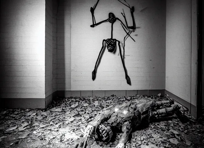 Prompt: black and white photo of giant possessed Woody doll, abandoned asylum, night, creepy