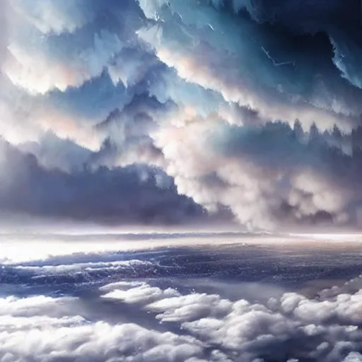 Image similar to world covered with enormous clouds, thru clouds there is slightly visible ice covered world, matte painting, concept art, illustration highly detailed artwork cinematic hyper realistic