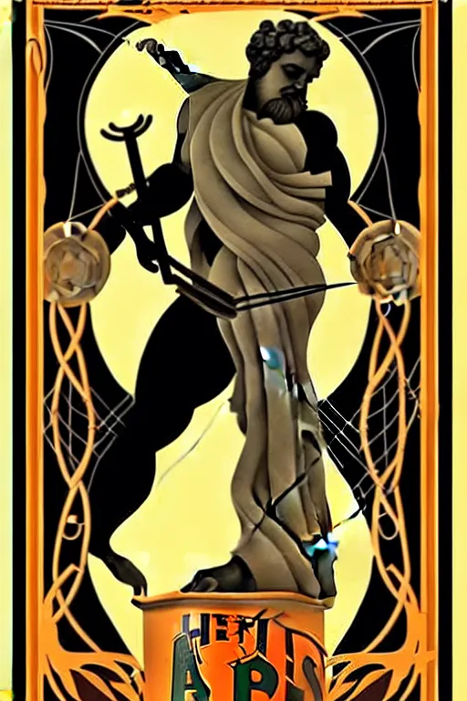 Prompt: art nouveau poster. hephaestus at the forge