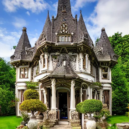 Prompt: This image is of an ornate fantasy house. It has a large, turreted main house with a smaller house attached. Both houses are adorned with intricate carvings and detailed stonework. There is a large garden with fanciful topiary and a stone path leading up to the front door. Photography.