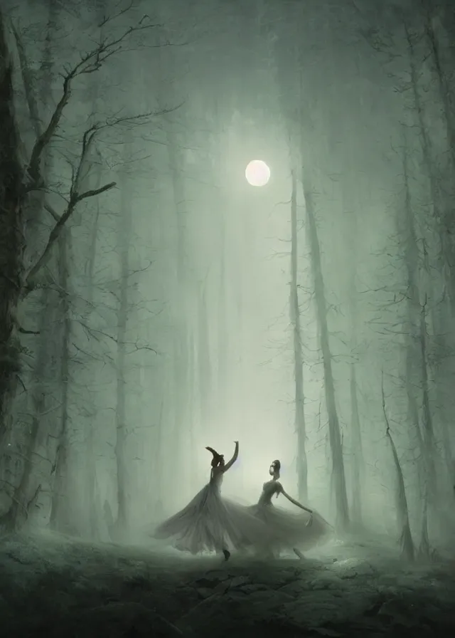 Prompt: dancers in white lit only by the moon, contemporary dance in the forbidden forest, the twilight dance of the fae by aleksi briclot, greg rutkowski and ivan aivazovsky, contemporary dance, volumetric, solstice, atmospheric, watercolor, surrealist, artstation,