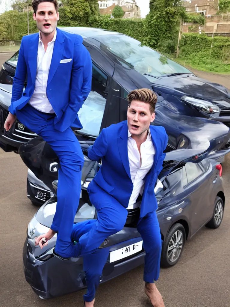 Image similar to !dream Sir Kier Starmer wearing a blue suit jumping on top of a toyota yaris