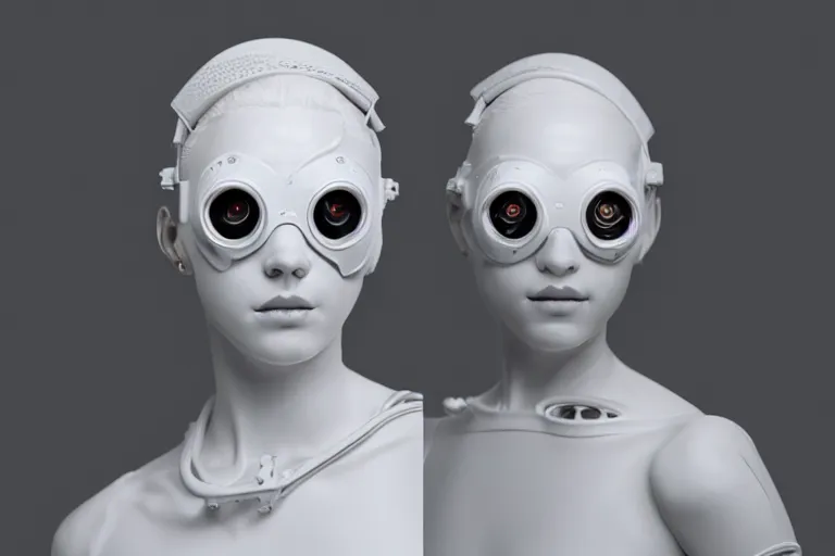 Image similar to full head and shoulders, beautiful female porcelain sculpture with lots of 3 d cyborg elements, prosthetics, 3 d goggles, smooth, all white features on a white background, delicate facial features, white eyes, white lashes, detailed white, anatomical, by daniel arsham and james jean