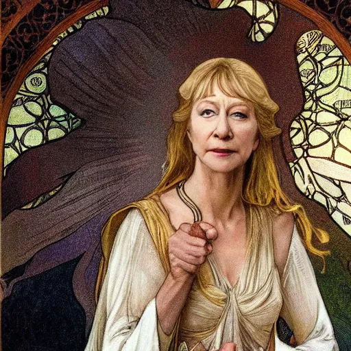 Image similar to helen mirren as galadriel, mucha style,