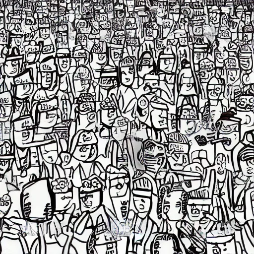 Image similar to waldo in a crowd hand drawn cartoon busy city scene with lots of people doing activities and not paying attention comic antics goofy