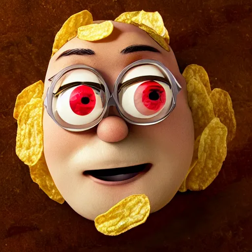 Image similar to photo of [ a single salted fried potato chip ] that looks like stephen fry as a pixar character hybrid intercross mix cinematic lighting