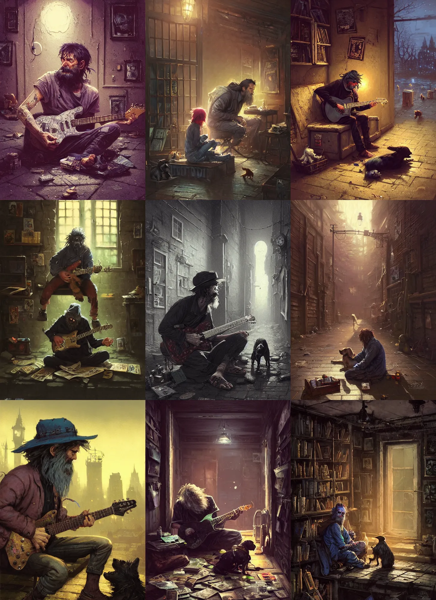 Prompt: Highly detailed portrait of homeless and beaten up Ashcan Pete playing guitar with dog, sitting near wall, Arkham Horror, Lovecraft, 1920, in style 19 century, unreal engine, fantasy art by Greg Rutkowski, Loish, Rhads, ferdinand knab, Makoto Shinkai and Lois van baarle, ilya kuvshinov, rossdraws, Tom Bagshaw, global illumination, radiant light, detailed and intricate environment