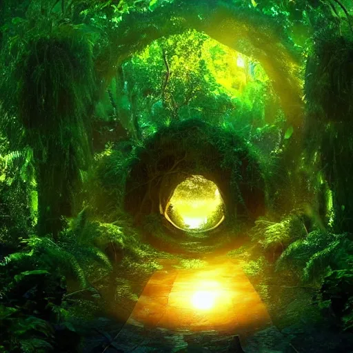 Image similar to active stargate water portal to another dimension inside a beautiful tree in a densely overgrown jungle, fantasy, dreamlike sunrise volumetric lighting, ultra realistic, atmospheric, stopped in time, epic