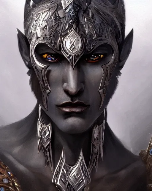 Image similar to a handsome noble male dark elf, obsidian skin, jewels, fantasy, intricate, highly detailed, digital painting, artstation, concept art, sharp focus, illustration