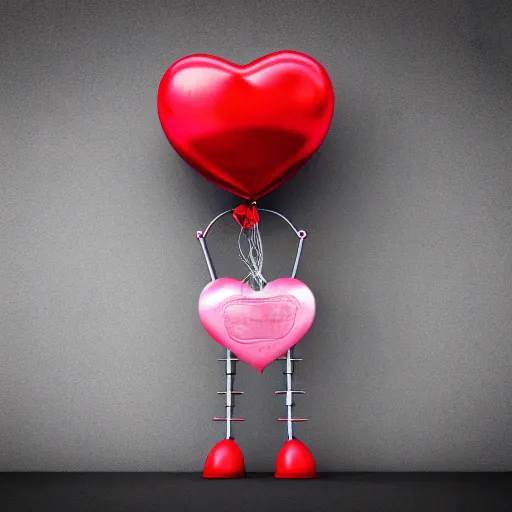 Image similar to a cute robot holding heart balloons photorealistic