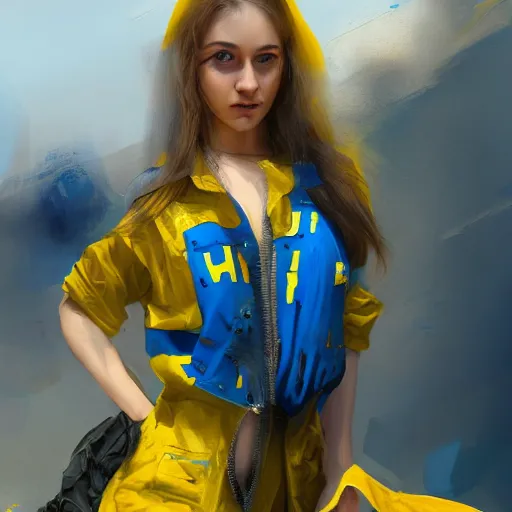 Image similar to ukrainian girl with blue and yellow clothes near big ruined plane, concept art, trending on artstation, highly detailed, intricate, sharp focus, digital art, 8 k