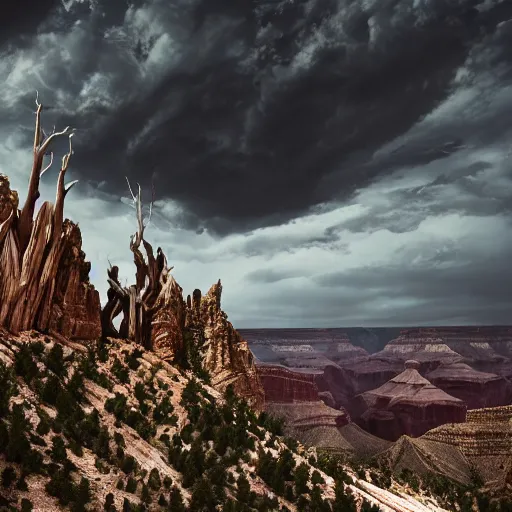 Image similar to dark gothic palace made of rock with tall spires, bristlecone pine trees, grand canyon, ultrawide cinematic 3d render, dark dramatic skies, atmospheric, vultures