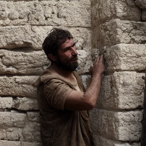 Image similar to award winning cinematic still of 40 year old man in ancient Canaanite clothing building a broken wall in Jerusalem, directed by Christopher Nolan