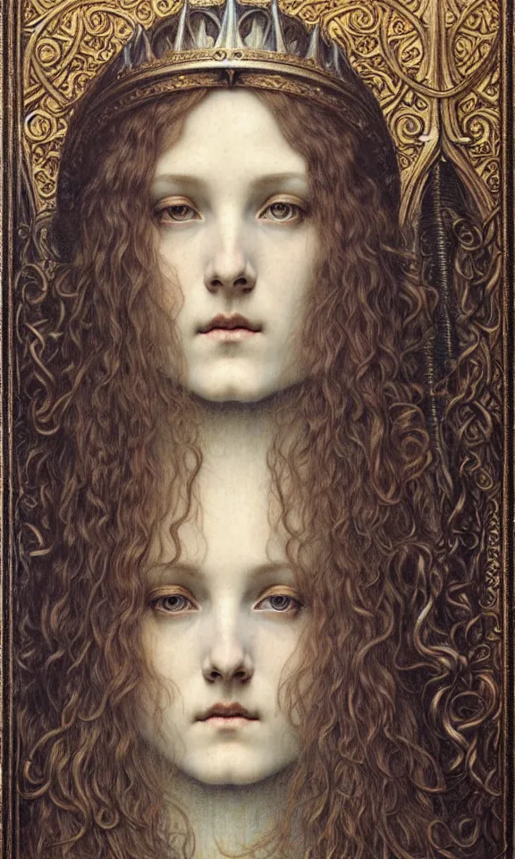 Image similar to detailed realistic beautiful young medieval queen face portrait by jean delville, gustave dore and marco mazzoni, art nouveau, symbolist, visionary, gothic, pre - raphaelite. horizontal symmetry