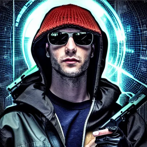 Image similar to Cyberpunk Gangster wearing a hoody wielding a futuristic AK-47,