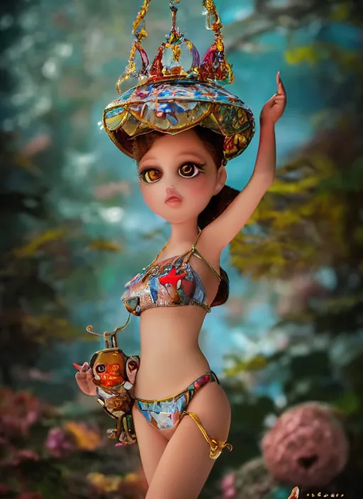 Prompt: closeup portrait of tin toy fairytale princess bikini, depth of field, zeiss lens, detailed, symmetrical, centered, fashion photoshoot, by nicoletta ceccoli, mark ryden, lostfish, breathtaking, 8 k resolution, extremely detailed, beautiful, establishing shot, artistic, hyperrealistic, octane render