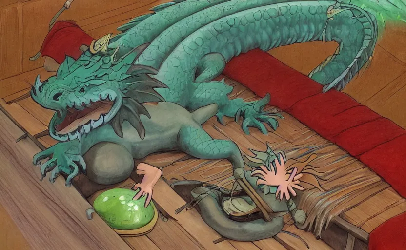 Image similar to the friendly dragon slime awoke from its slumber beneath the bed frame, digital painting masterpiece, haunting beautiful brush strokes, painted by Moebius and Hayao Miyazaki and Akira Toriyama