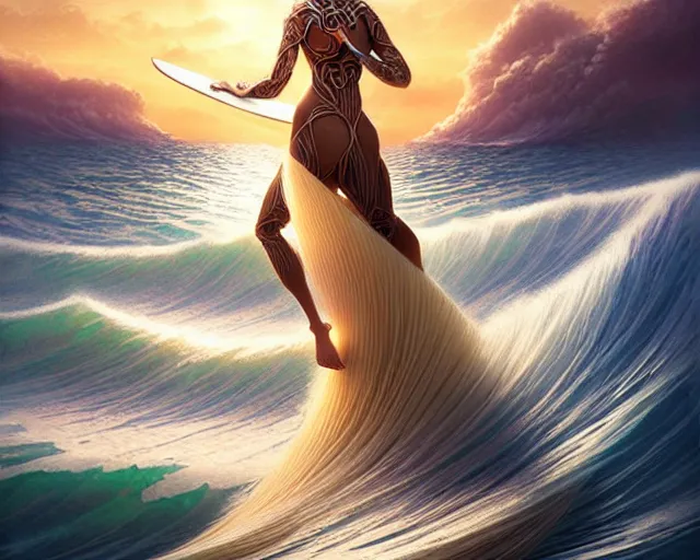 Image similar to beautiful ethereal ginger surfer is surfing a sea of pasta, art nouveau, fantasy, intricate pasta waves, elegant surfboard, highly detailed, sharp focus, action art by artgerm and greg rutkowski and wlop