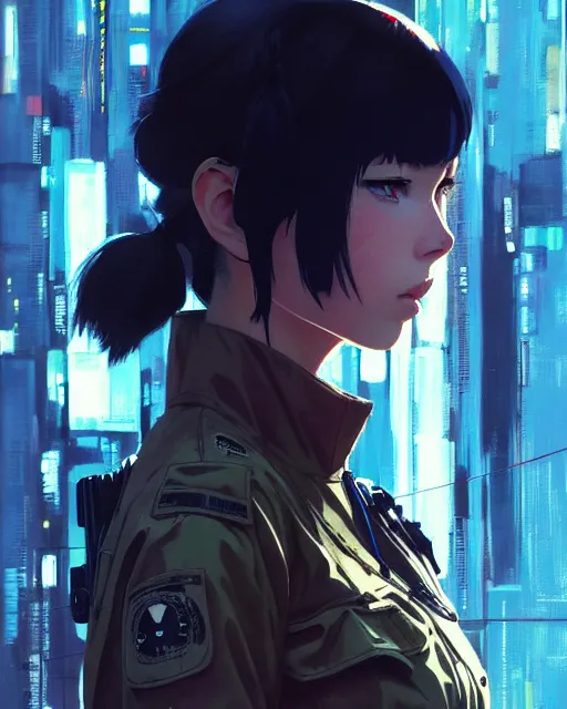 Image similar to girl wearing in tactical gear | | audrey plaza, fine detail!! anime!! realistic shaded lighting!! dramatic!! poster by ilya kuvshinov katsuhiro otomo ghost - in - the - shell, magali villeneuve, artgerm, jeremy lipkin and michael garmash and rob rey