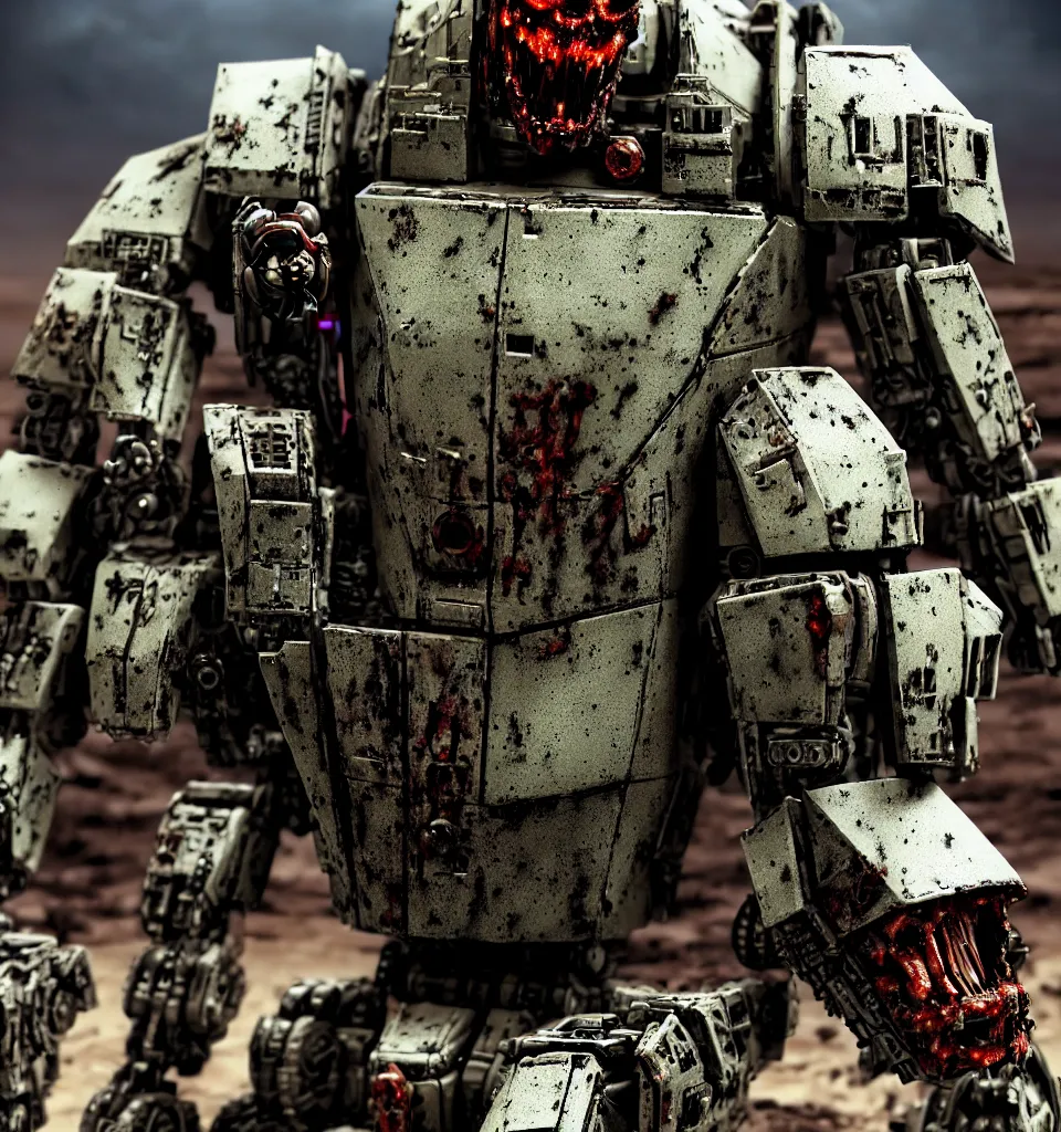 Prompt: a close up cinematic still of a zombie heavy battlemech military with flesh, by kow yokoyama, maschinen krieger, hobby japan, stormy post apocalyptic desert, highly detailed, 3 5 mm, shot with canon 5 d mark ii, face detail, rob bottin, rick baker, jordu schell, artstation, cg society, soft illumination