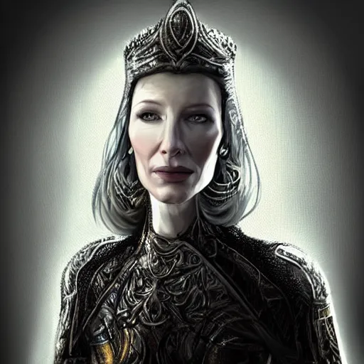 Prompt: “ portrait of cate blanchett portrait by shaddy safadi, looking at camera, hoker on neck, stylish armor, intricate, elegant, stylish, fierce look, fantasy, extremely detailed, digital painting, artstation, concept art, smooth, sharp focus, illustration, stunning lighting ”