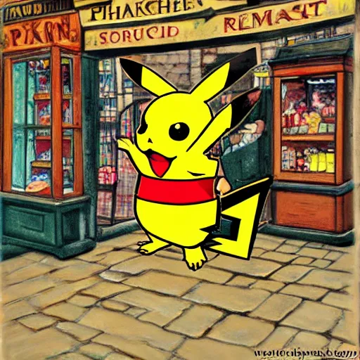 Image similar to pikachu in an old english market place the style of the scream,