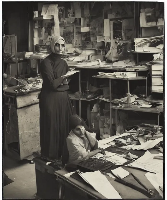 Prompt: a color photograph of zarin salahi in her workplace, by thomas ruff, out of place, intense, bold, hyperrealistic, ultra sharp, extra details, ultra high quality, trending on pinteresst