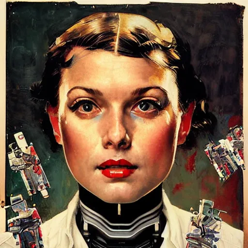 Image similar to portrait of a female android painted by Norman Rockwell and Sandra Chevrier