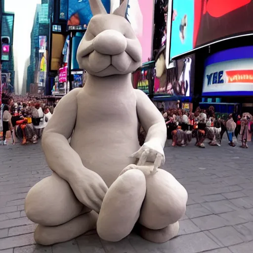 Image similar to a realistic clay sculpture of a funny bunny made by michelangelo, standing in times square, 3 d render, hyper detailed, sharp focus, 8 k resolution