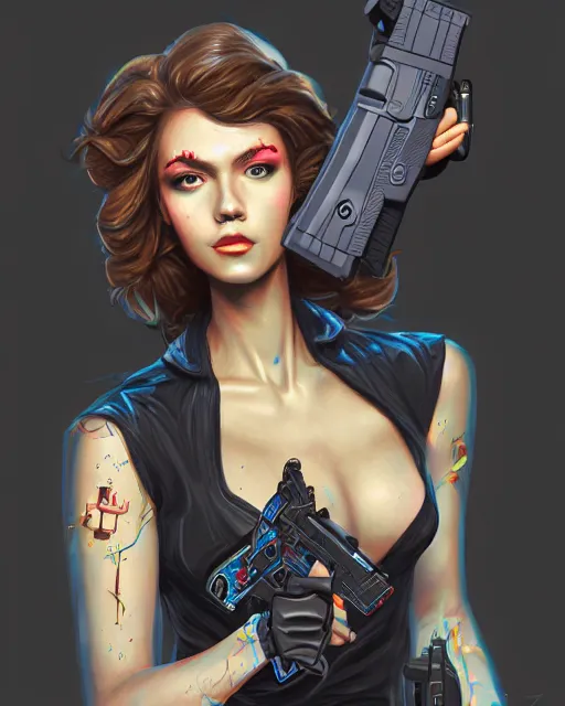 Prompt: A cybernetic witch wielding two Glock pistols, bust shot, smooth, intricate, elegant, power aura, digital painting, artstation, concept art, high tech fantasy, sharp focus, illustration, art by James Jean