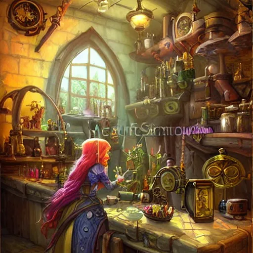 Prompt: a beautiful stunning interesting photorealistic digital magic the gathering world of warcraft fantasy illustration of a corgi wearing steampunk safety goggles and a white apron while mixing potions, in a potion shoppe, colorful bottles and plants, awesome and moody, by marc simonetti