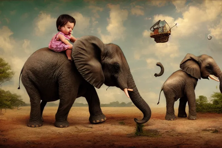 Prompt: highly detailed matte painting of a cute child riding an elephant, amazing backgrounds, by mark ryden, lowbrow, 8 k resolution.